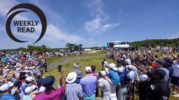 A player hits a shot at the 2023 LIV Golf Washington D.C. event, along with the Weekly Read logo.
